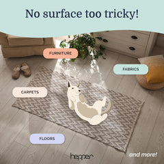 Hepper spray sur tapis en tissu démontrant le nettoyage en profondeur
