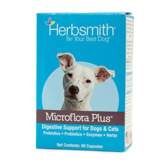 Herbsmith Microflora Plus – bouteille de capsules, soutien digestif quotidien pour chiens.