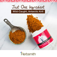 Étiquette Herbsmith Pure Krill montrant l’ingrédient unique et les bénéfices.