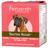 Herbsmith Taurine Boost – Bouteille visible, soutien cardiaque potentiel pour chiens et chats.