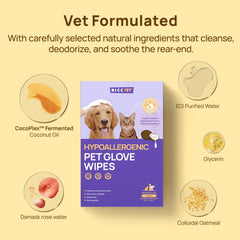 Nettoyage ciblé visage, pattes et ventre avec le gant HICC PET.