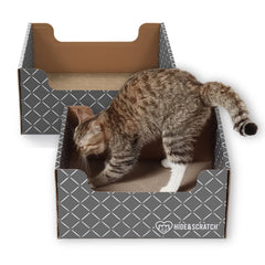 Hide & Scratch boîte-chat carton motif diamant sombre, protection meubles et griffage intégrés.