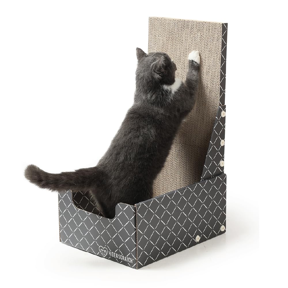 Hide & Scratch boîtier griffoir chat vertical diamant gris, espace griffage compact et sûr.