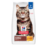 Hill's Science Diet Adult 7+ Hairball Control emballage: croquettes adaptées pour chats seniors.