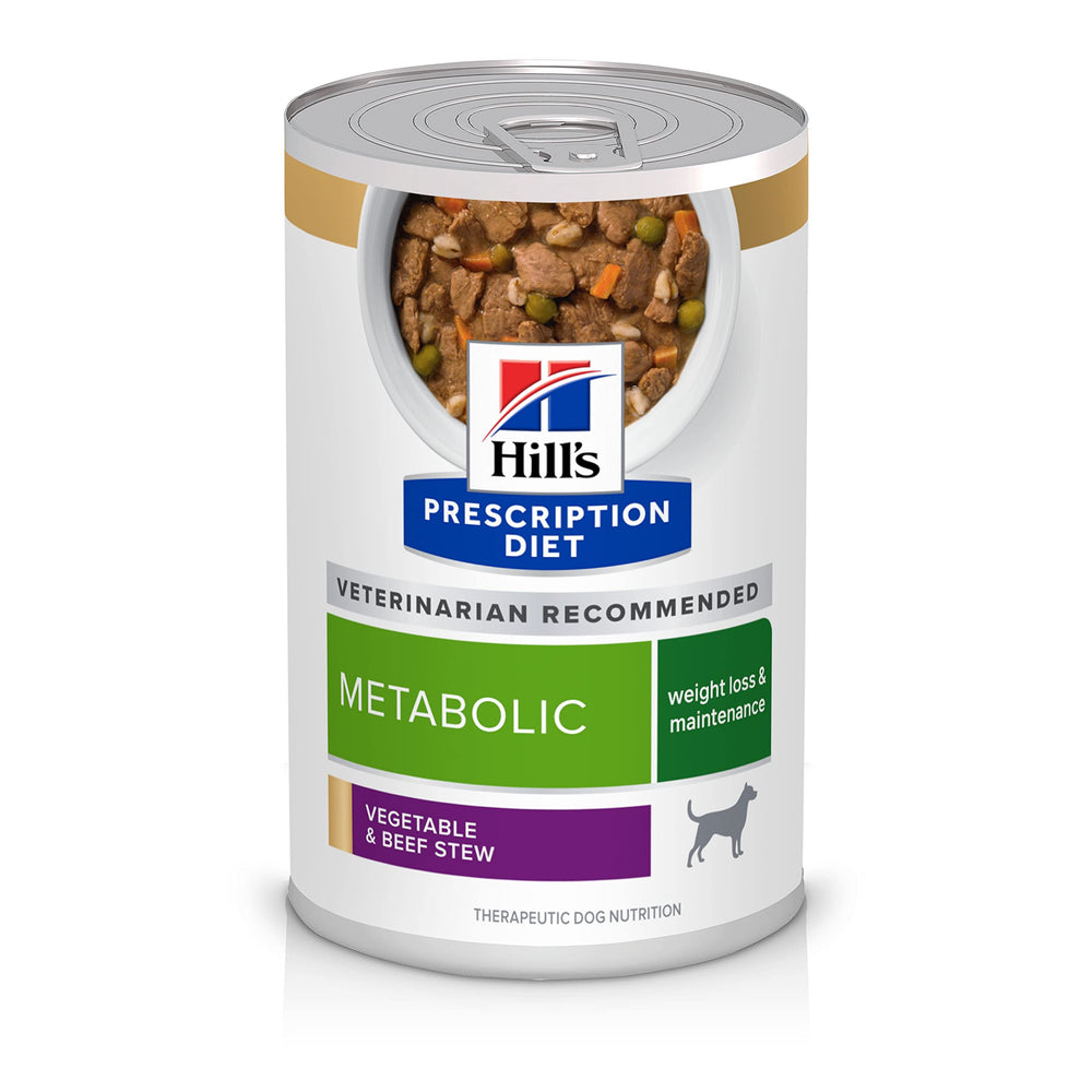Hill's Prescription Diet Metabolic boeuf et legumes en conserve, soutien potentiel à la gestion du poids.