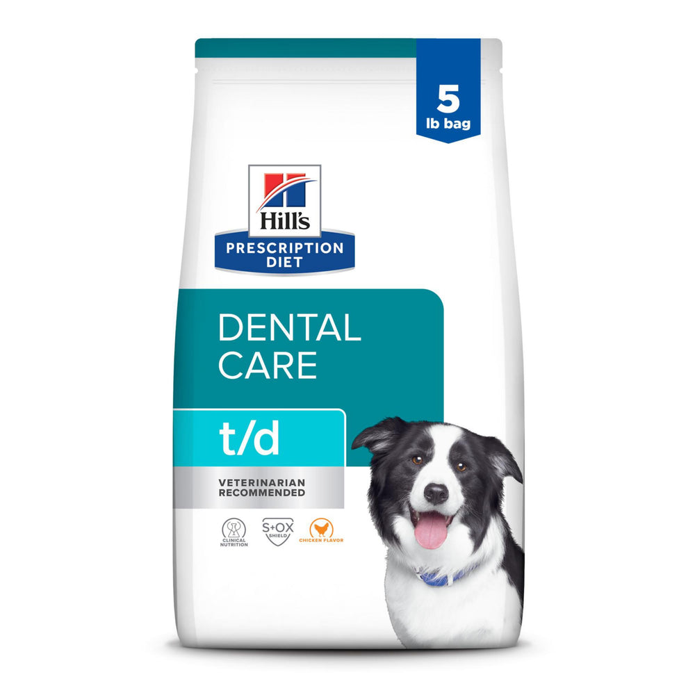 Hill's Prescription Diet t/d croquettes dentaires poulet — soutien potentiel à la dentition canine.