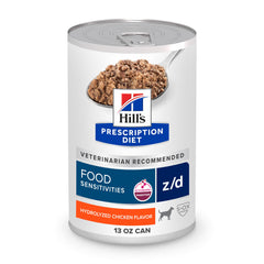 Hill's Prescription Diet z/d en boîte hydrolysée pour chiens sensibles et peaux.