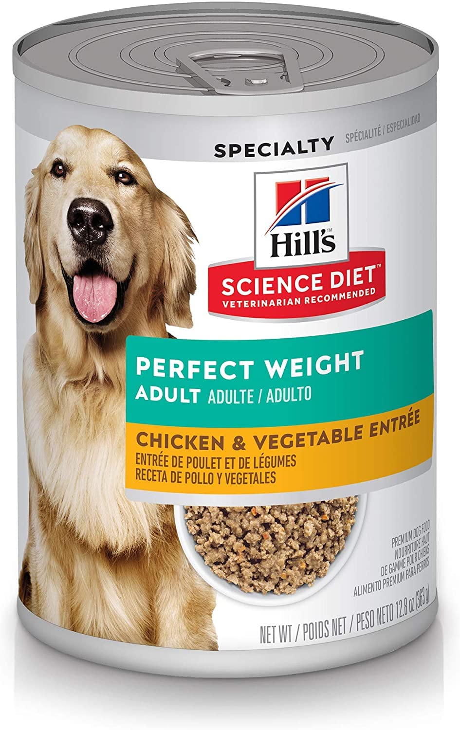 Hill's Science Diet Adult Perfect Weight – boîte ouverte montrant poulet et légumes, repas équilibré.