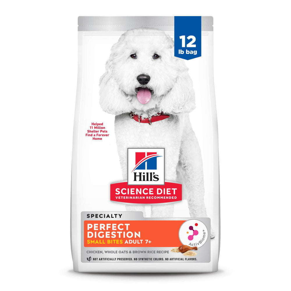 Le sac Hill's Science Diet pour adulte 7+ montre des croquettes au poulet, favorisant une digestion équilibrée.