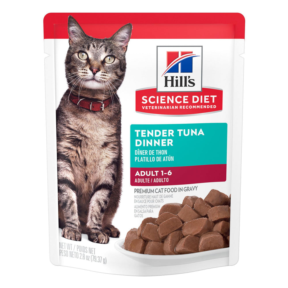 Hill's Science Diet Adulte Tender Tuna, sachet ouvert, repas pratique et appétitif.