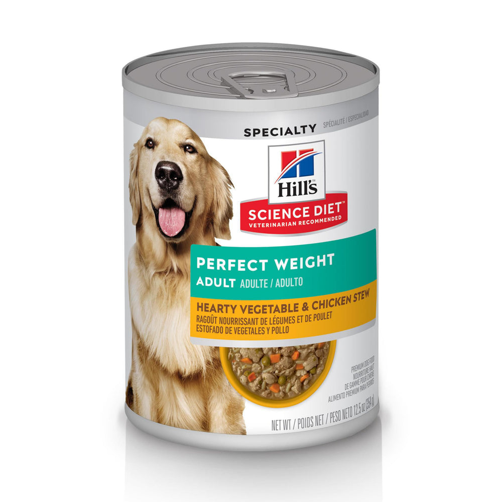 Hill's Science Diet Chien Poids Parfait – Boîte 375 g, poulet et légumes, soutien potentiel au poids.