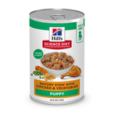 Hill's Science Diet chiots Ragoût Savoureux emballage poulet et légumes.