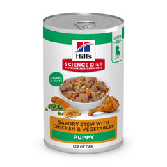 Hill's Science Diet chiots Ragoût Savoureux emballage poulet et légumes.