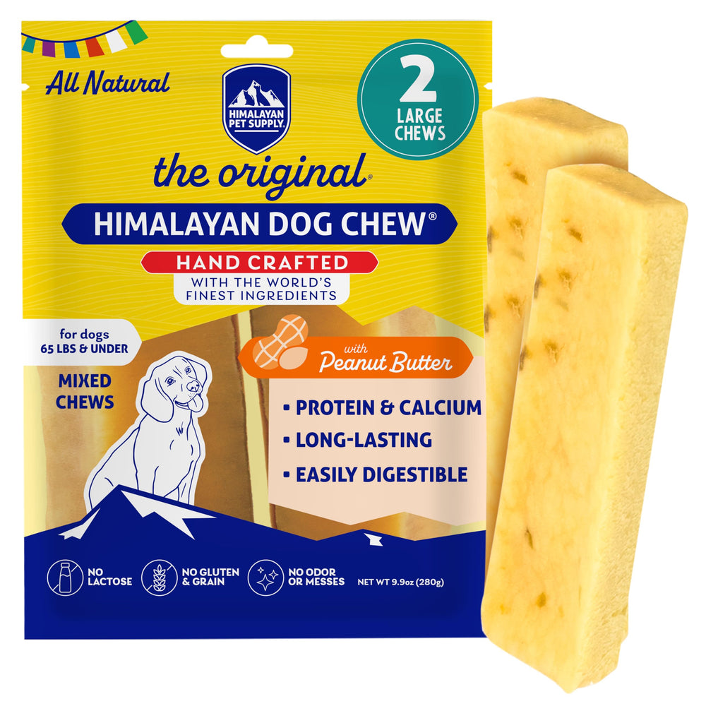 Emballage Himalayan Dog Chew montrant un produit naturel prêt à la dégustation.