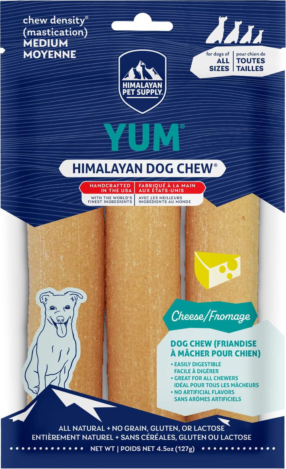 Himalayan Dog Chew: bouchée fromage yak sans lactose, emballage refermable et longue dégustation pour chiens.