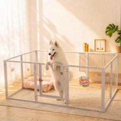 Homelio enclos en acrylique pour chiots avec porte transparente, surveillance aisée.