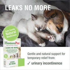 HomeoPet Leaks No More – etiquette-produit visible, formulation naturelle pour chiens et chats.