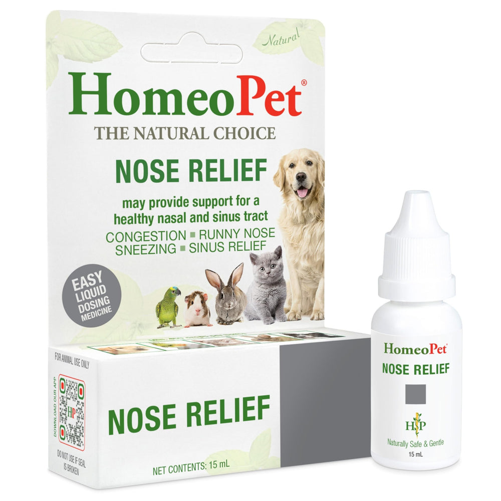 HomeoPet Nose Relief : flacon – soutiens nasaux naturels pour chiens et chats, usage facile.