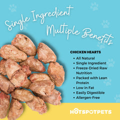 Hotspot Pets morceaux-coeur-poulet-seches, texture appétissante pour chien et chat.