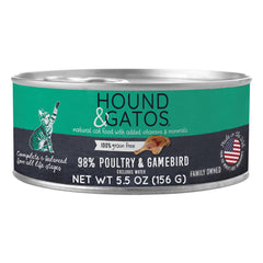 Nourriture humide HOUND & GATOS, conserve 98% viande, poulet et gibier, riche en protéines.