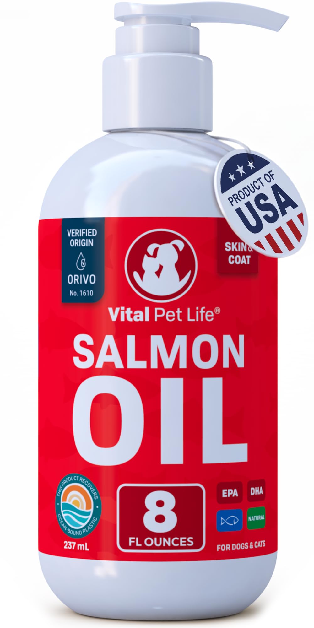 Vital Pet Life huile de saumon, bouteille prête à ajouter au bol quotidien.