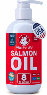 Vital Pet Life huile de saumon, bouteille prête à ajouter au bol quotidien.