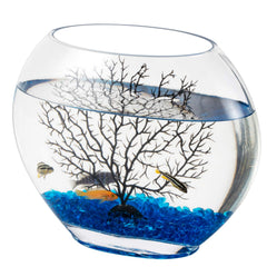 hygger mini bocal oblate bleu avec pierres décoratives pour ambiance zen.