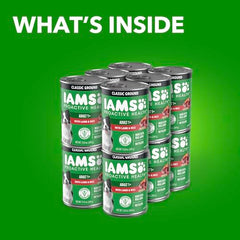 Boîte IAMS Proactive Health ouverte montrant agneau et riz en sauce.