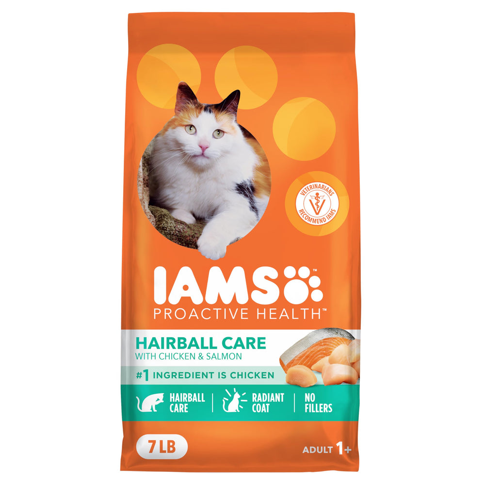 IAMS Proactive Health Hairball Care pour chat adulte, poulet et saumon, peut limiter les boules de poils.