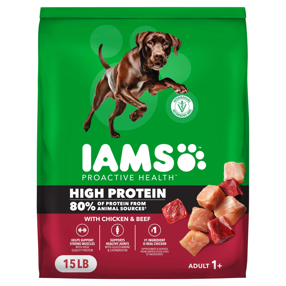 IAMS Proactive Health croquettes protéinées au poulet et boeuf pour chiens adultes.