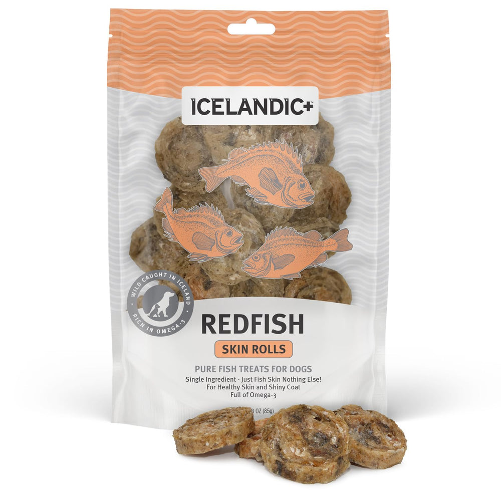 Icelandic+ Rouleaux peau Redfish, emballage pratique et snack naturel pour chien
