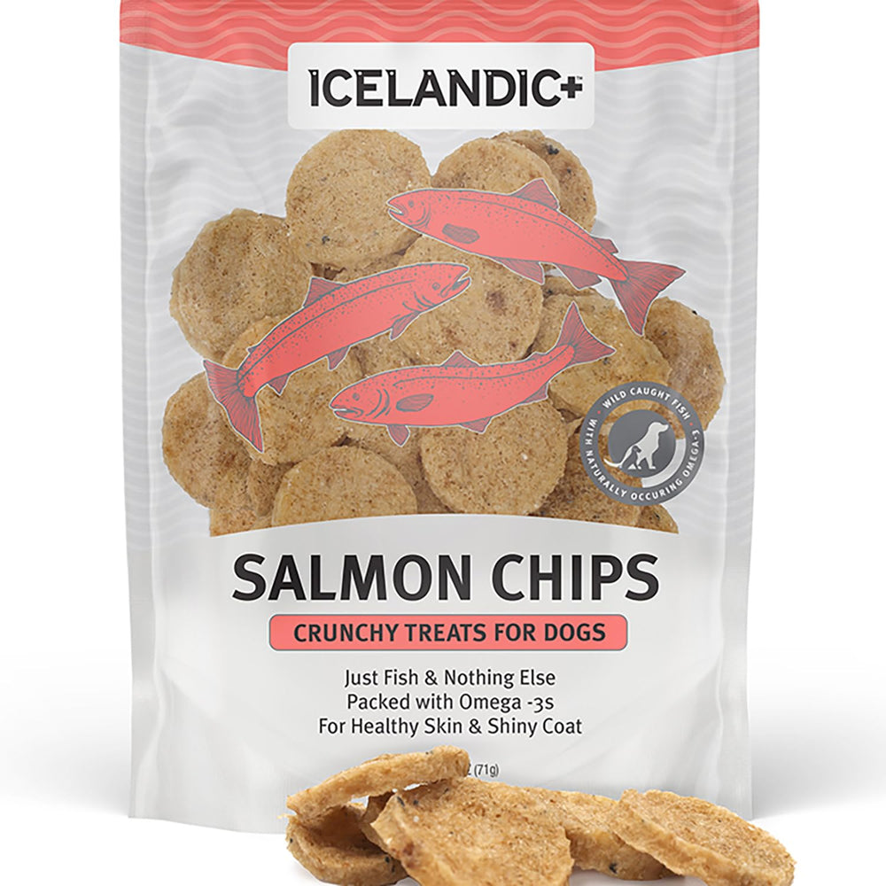 Icelandic+ Fish Chips Saumon, croquant petit format, friandise d’entraînement.
