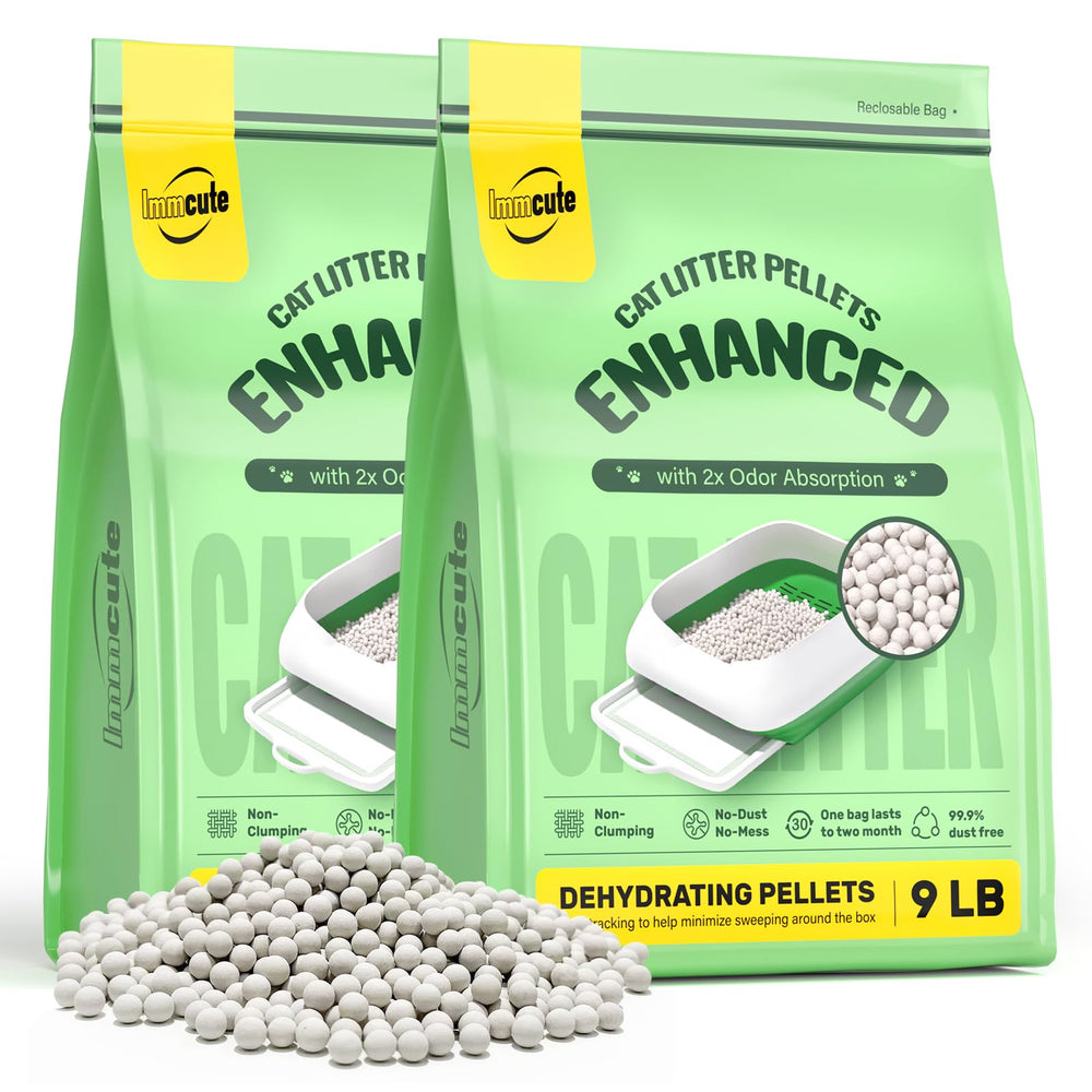 IMMCUTE granules litière chat 18 lb – sac visible, faible poussière.