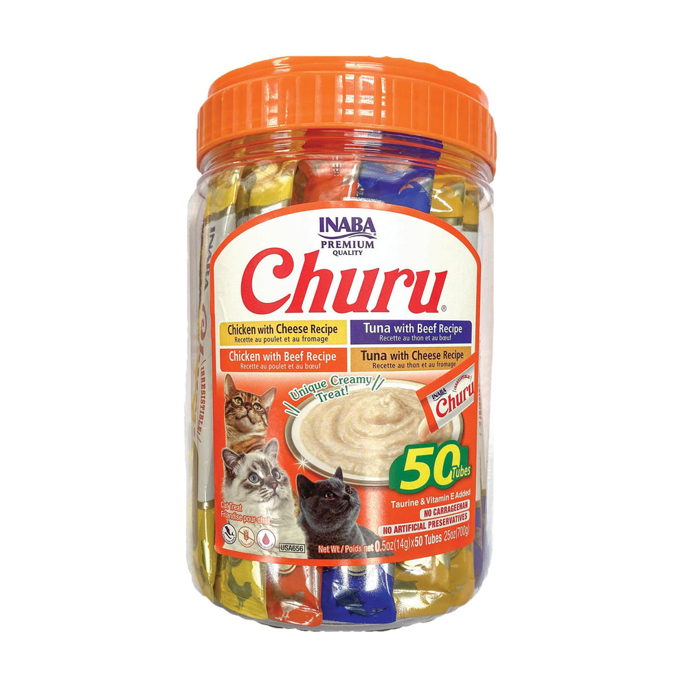 INABA Churu : tubes crème purée boeuf-fromage, friandise hydratante pour chat.