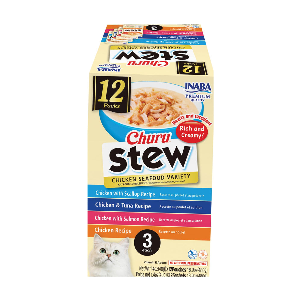 INABA Churu Stew chat – pochette montrant poulet et fruits de mer, parfait accompagnement.
