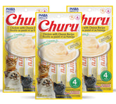 Tube INABA Churu crème purée poulet-fromage, texture lisse et appétissante pour chat.