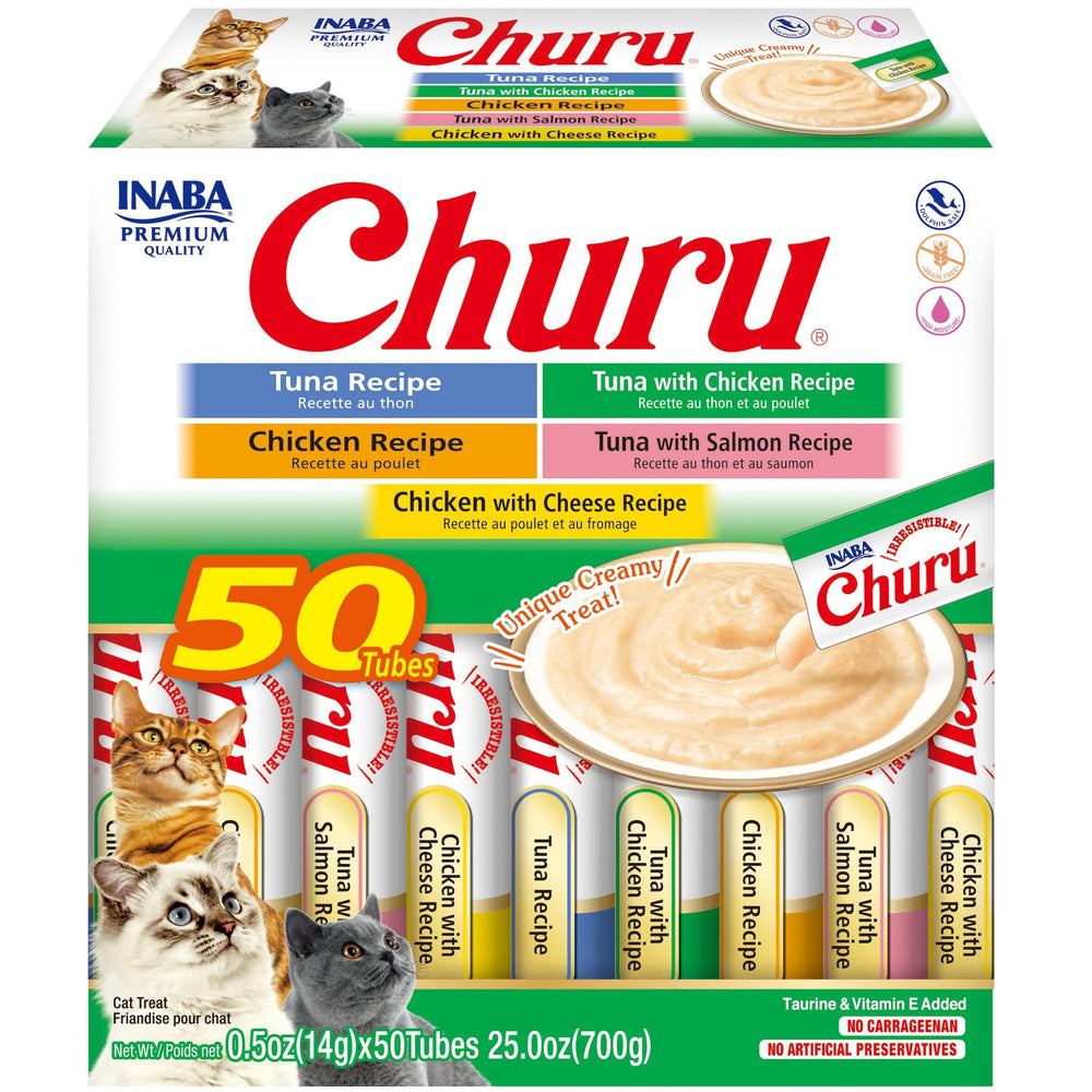 INABA Churu tube purée crèmeuse au thon et poulet, humidité élevée.