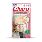 Tube INABA Churu au thon et saumon, texture crémeuse pour un moment de jeu interactif.