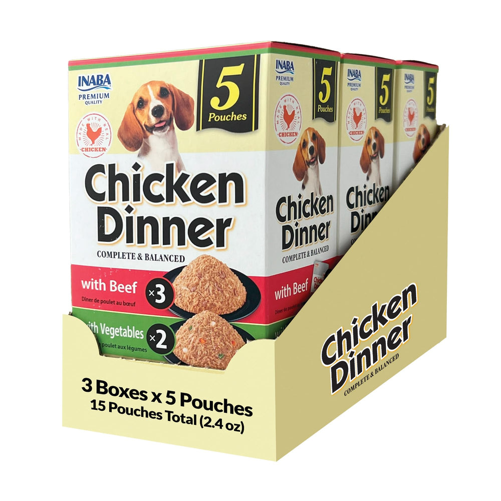 INABA Dîner Poulet, sachet ouvert, repas pratique et hydratant pour chien.