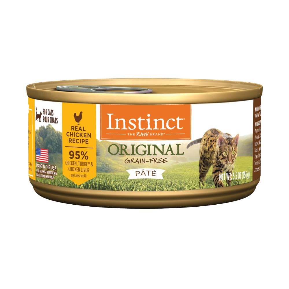 Instinct Original présente une boîte de pâtée chat au poulet réel pour une protéine élevée.