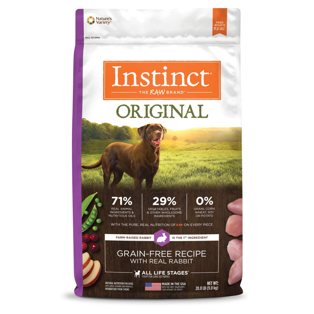 Instinct Original sac 20 lb avec lapin réel et enrobage cru.