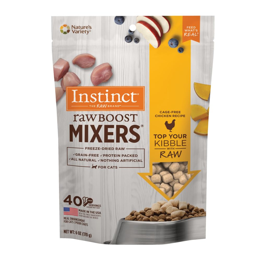 Instinct Raw Boost Mixers – poulet cage-free, pour rehausser les repas croquettes et favoriser la digestion.