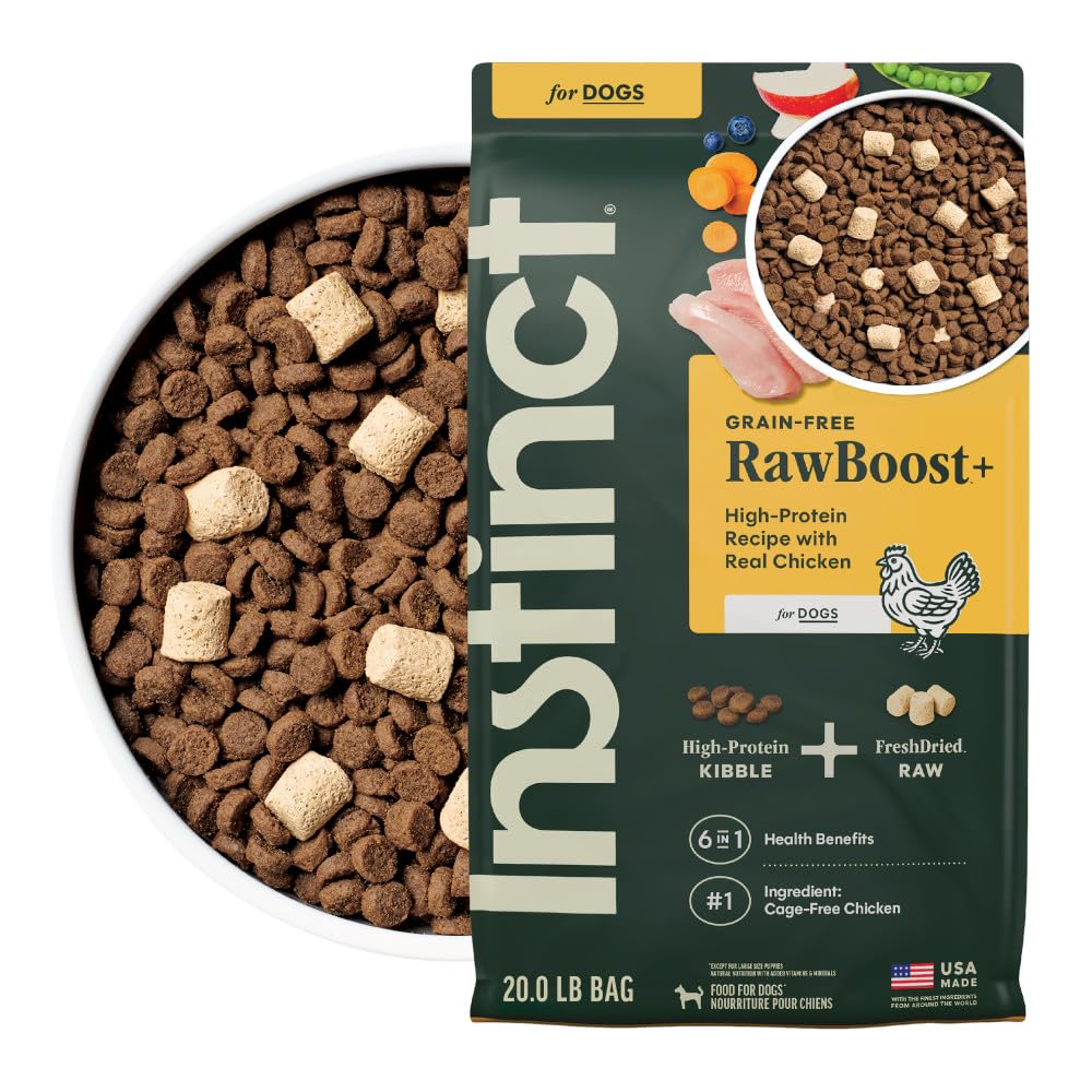 Instinct RawBoost morceaux poulet reels dans croquettes croustillantes haute proteine.