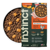 Instinct RawBoost, vue du sac, alimentation naturelle sans céréales pour chien, soutien digestion.