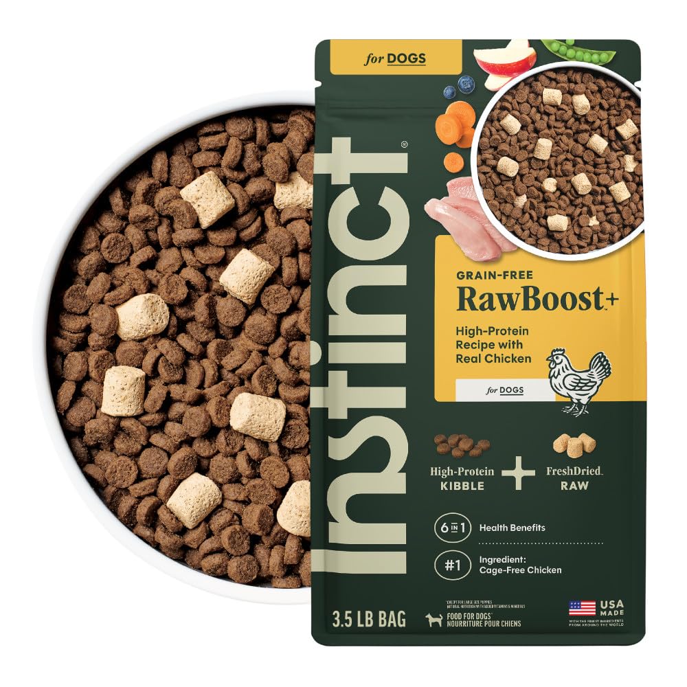 Instinct RawBoost sachet poulet réel: croquant et nutrition naturelle pour chiens actifs.