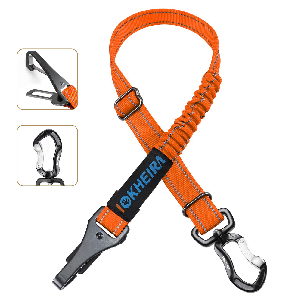 IOKHEIRA Orange : ceinture-chien, double boucle, compatibilité universelle pour véhicule.