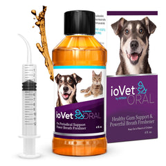 ioVet Oral: ajout d'eau pour améliorer l'hygiène buccale des animaux.