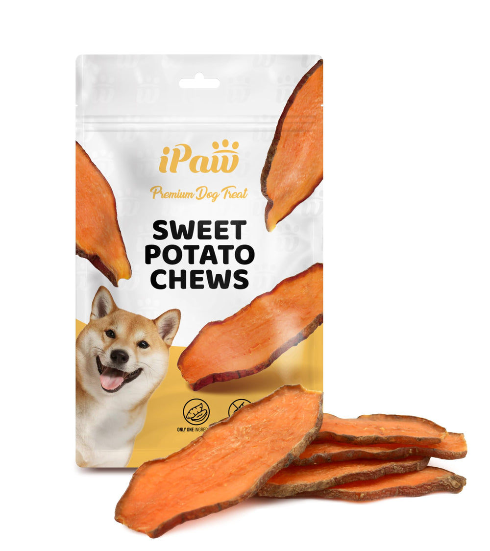 iPaw gâterie patate-douce-chien: texture ferme et goût sucré pour la mastication.