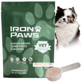 Iron Paws poudre superaliments chien emballage 3,5 oz pour démarrer la journée avec énergie.