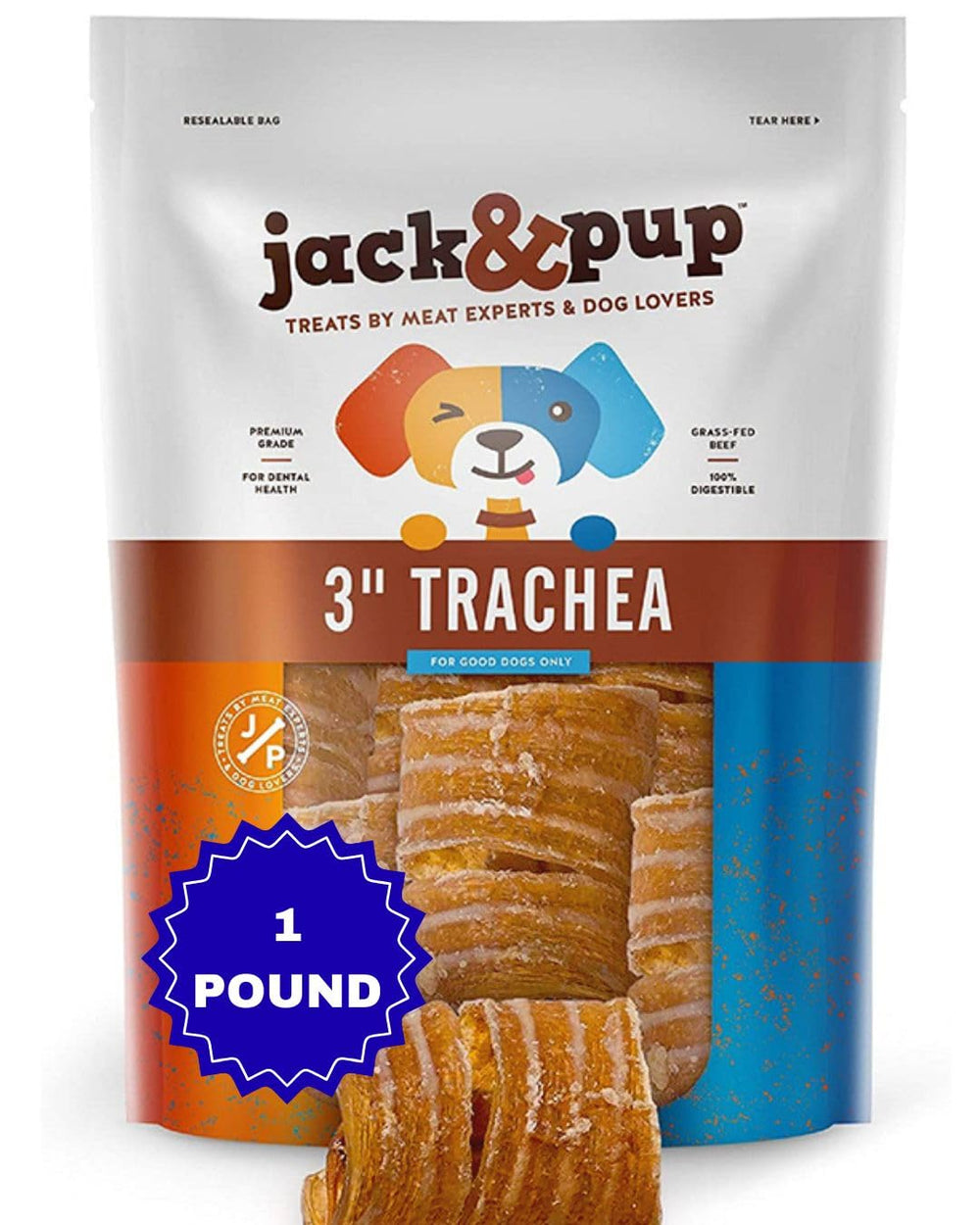 Jack&Pup trachée de boeuf, bouchée 3 pouces, friandise croquante pour chiens actifs.